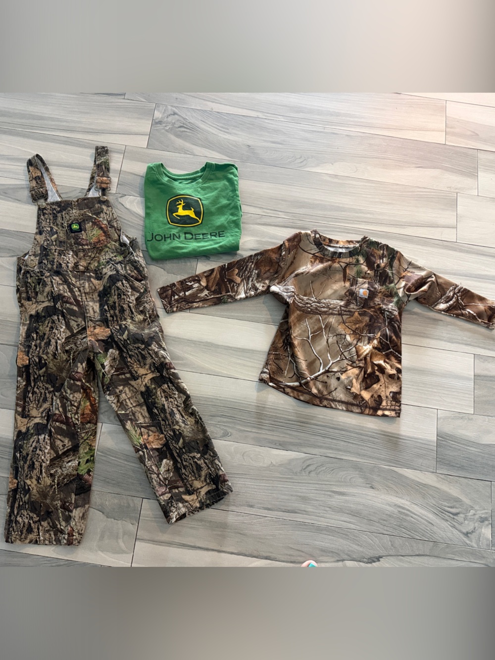 John Deere Green Logo Tee with Brown Camo Overalls & Carhartt Camo Long Sleeve